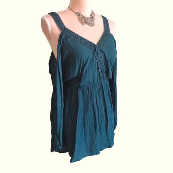 Torrid Teal Gauze Lace Trim Long Sleeve Cold Shoulder Peplum Blouse 2X NWT - Picture 9 of 15
